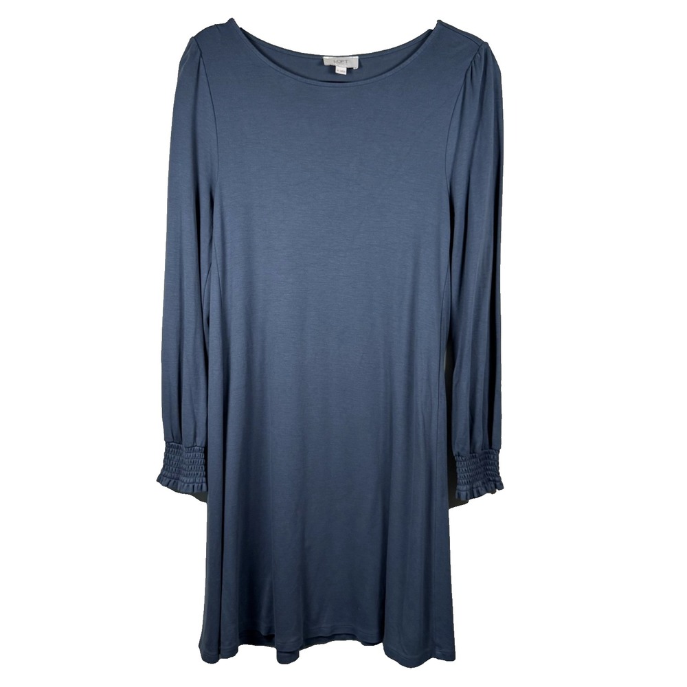 Loft Long Sleeve Dress Medium Boat Neck Knee Length Gray/Blue Boho Quiet Luxury